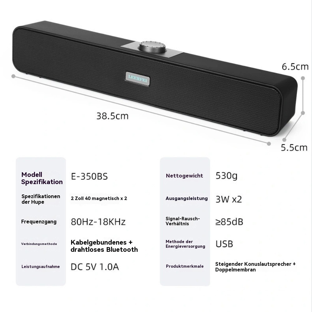 Soundbar mit Abmessungen und Spezifikationen, einschließlich Gewicht und Leistung.