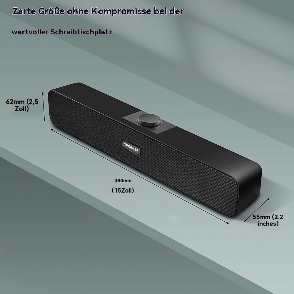 Schwarzer Soundbar-Lautsprecher mit Abmessungen und Text.
