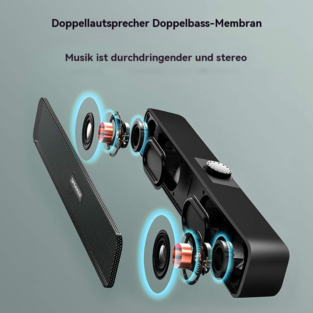 Soundbar mit Lautsprechern und Bassmembran mit Musik und Stereo.