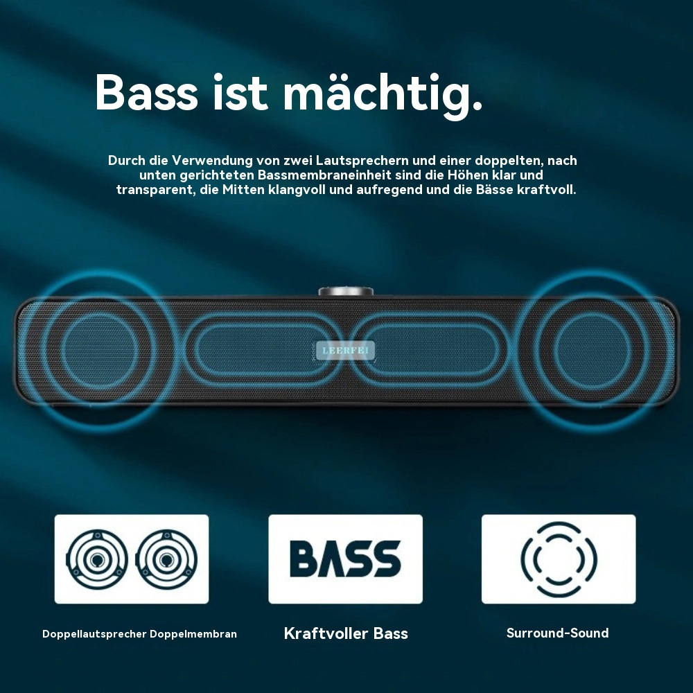 Schwarze Soundbar mit Lautsprecher- und Bass-Symbolen. Text: 'Bass ist mächtig.'
