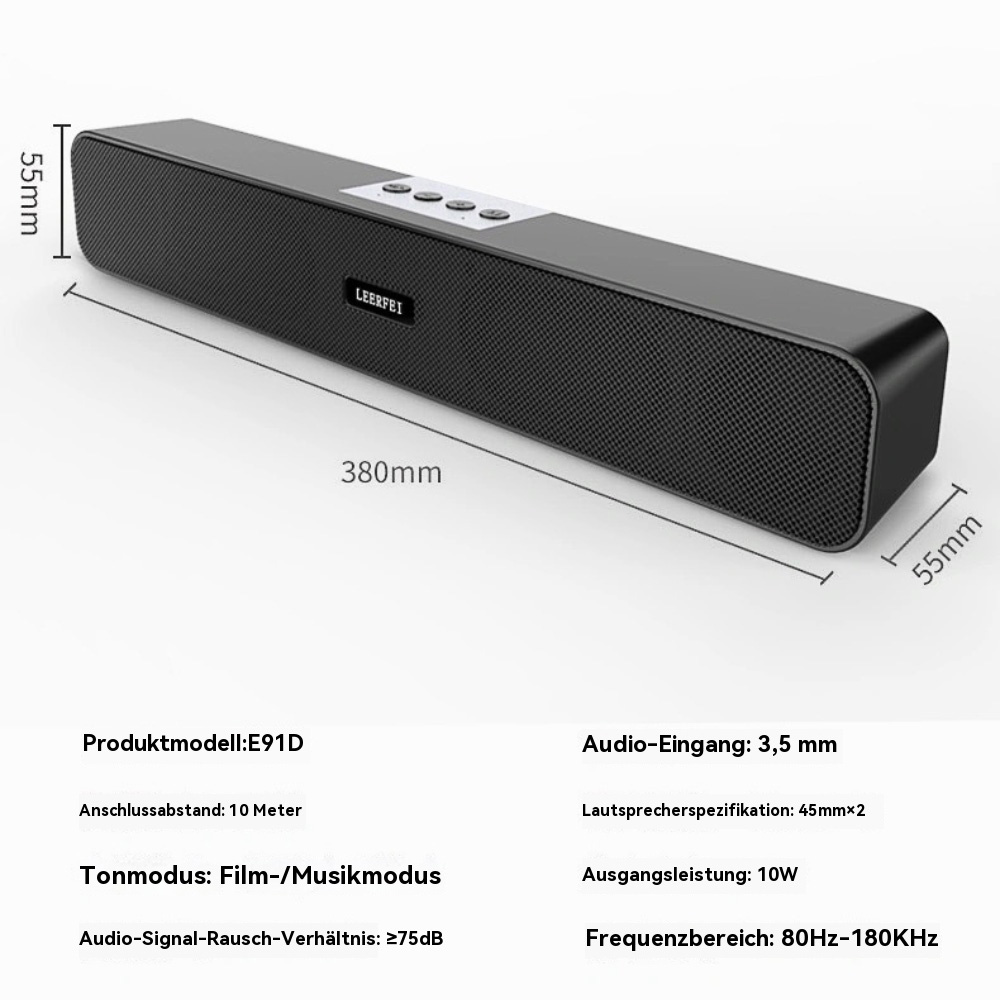 Schwarze Soundbar mit Abmessungen und Spezifikationen. Text enthält Modell- und Audiodetails.