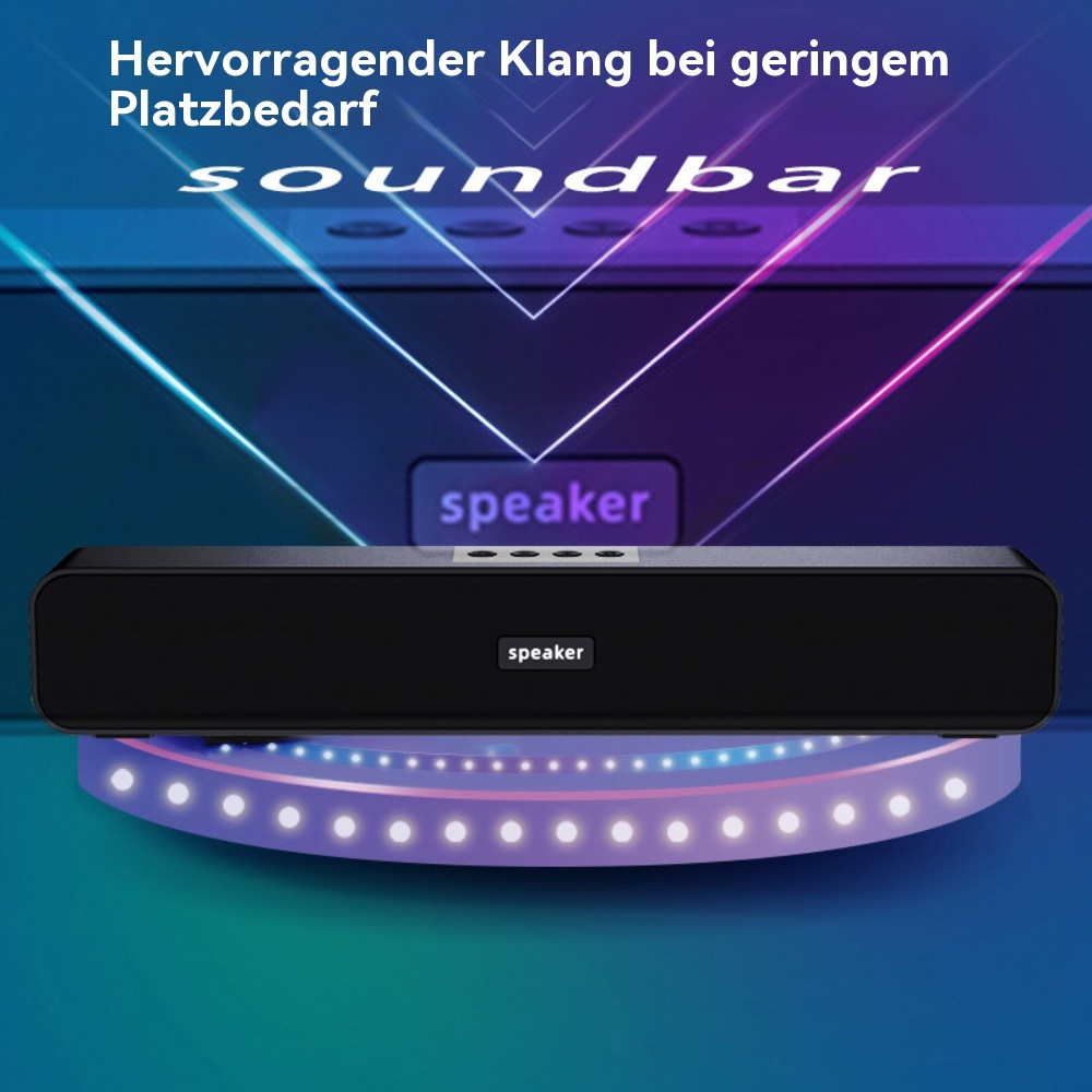 Schwarze Soundbar mit Lautsprecherdetails. Text: 'Hervorragender Klang bei geringem Platzbedarf'.