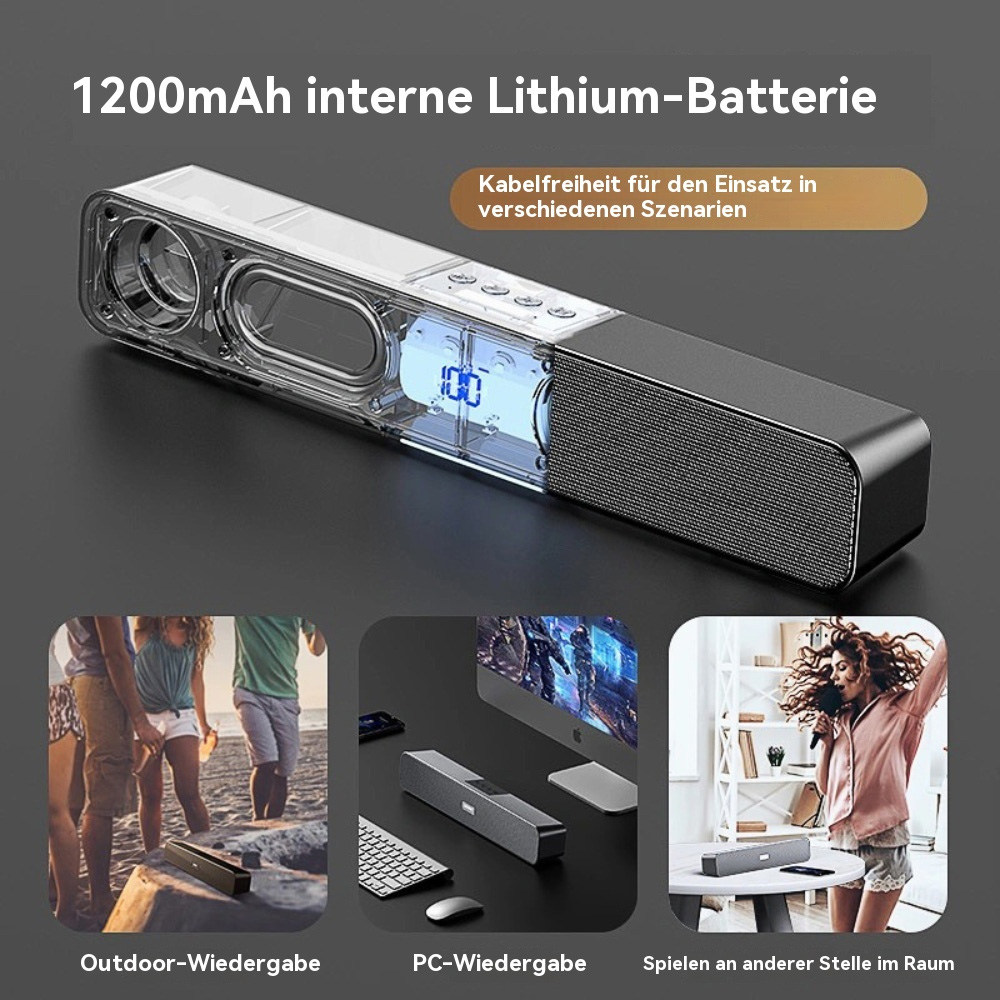 Silber-schwarze Soundbar mit drei kleinen Bildern, die Nutzungsszenarien zeigen.