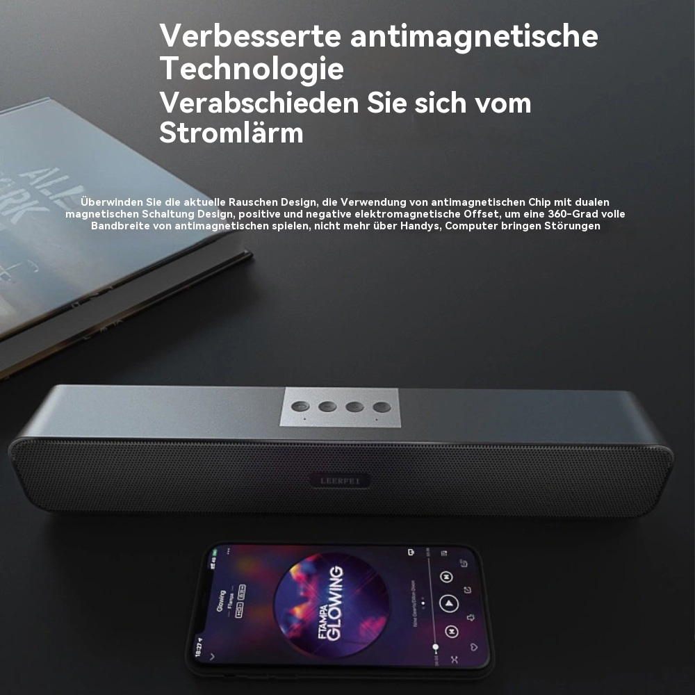 Schwarz-silberne Soundbar mit Telefon. Text: 'Verbesserte antimagnetische Technologie'.