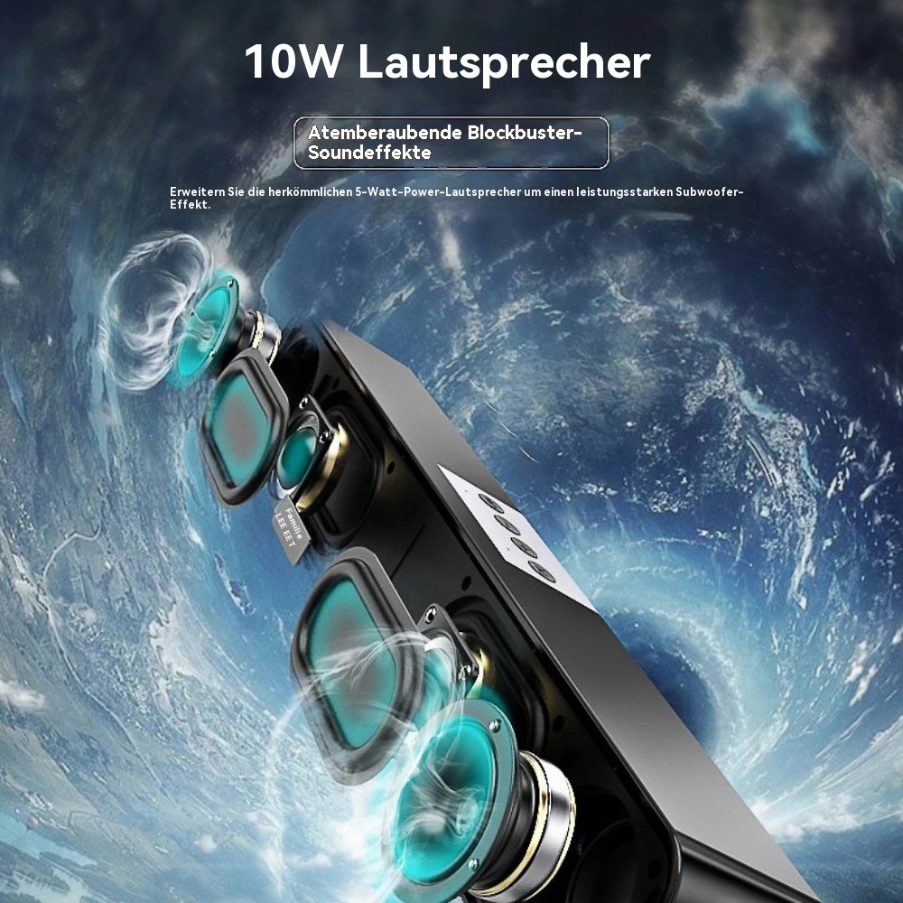 Schwarze Soundbar mit Lautsprechersystem und kosmischem Hintergrund. Text: '10W Lautsprecher'.