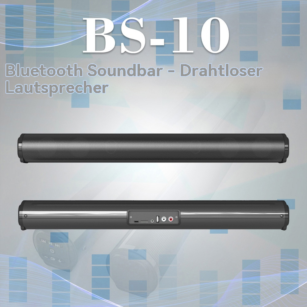 Zwei schwarze Soundbars. Text: 'BS-10 Bluetooth Soundbar'.