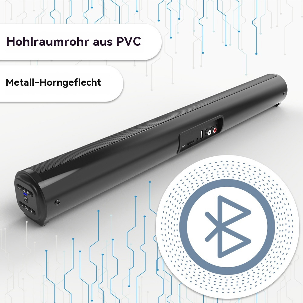 Schwarze Soundbar mit Details. Text: 'Hohlraumrohr aus PVC' und ein Bluetooth-Symbol.