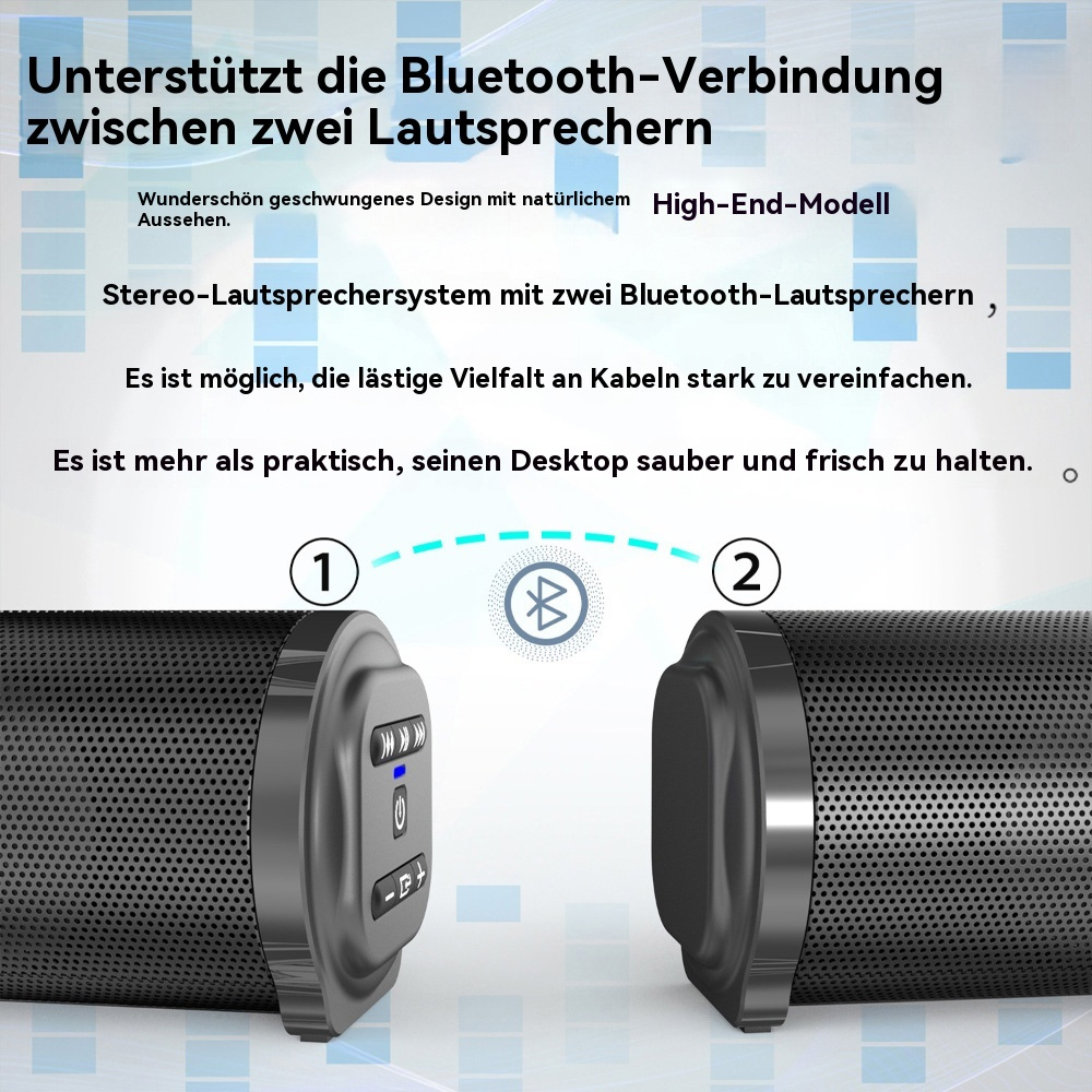 Zwei schwarze Soundbars mit Bluetooth-Verbindungssymbol. Text beschreibt Bluetooth.