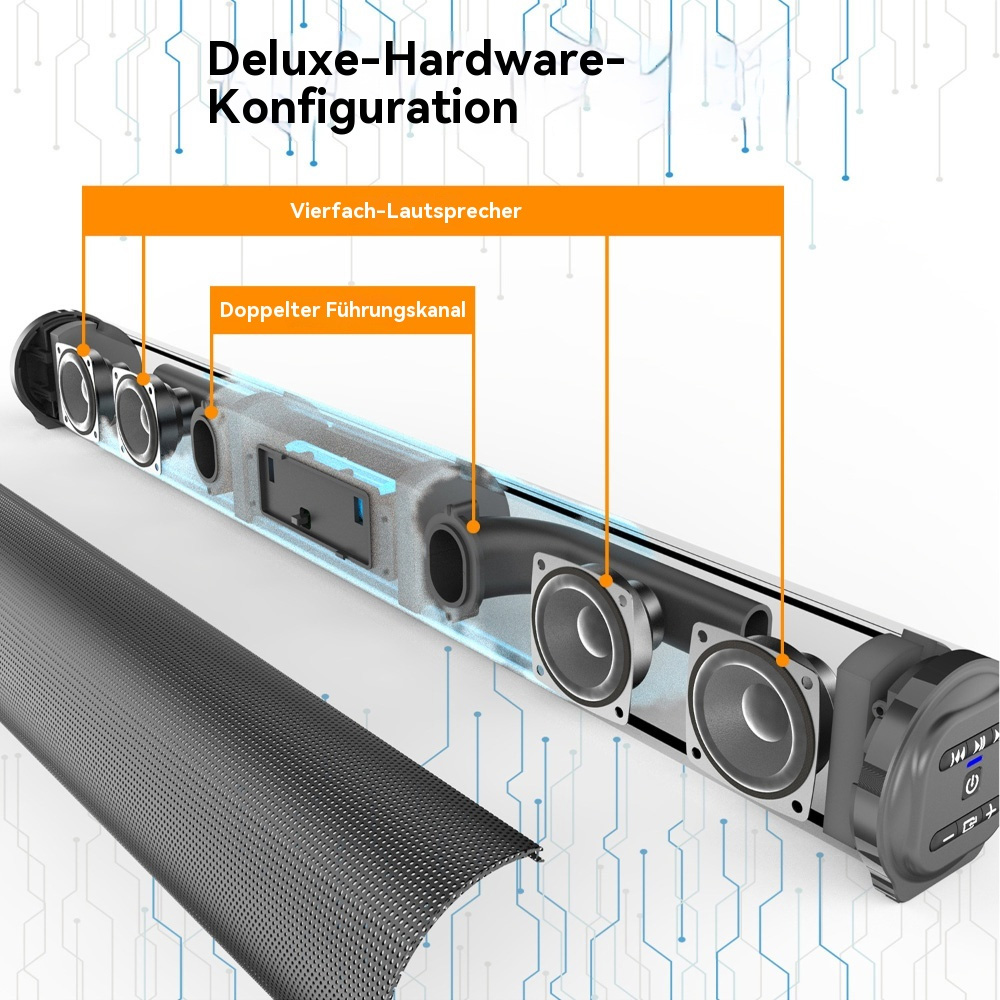 Soundbar mit sichtbaren internen Komponenten. Zeigt Lautsprecher, Verkabelung und einen offenen Bereich.