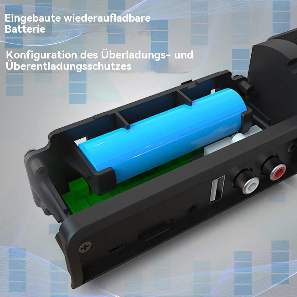 Schwarzes Gerät mit blauem Akku. Zeigt einen Ladeanschluss und andere Anschlussports.