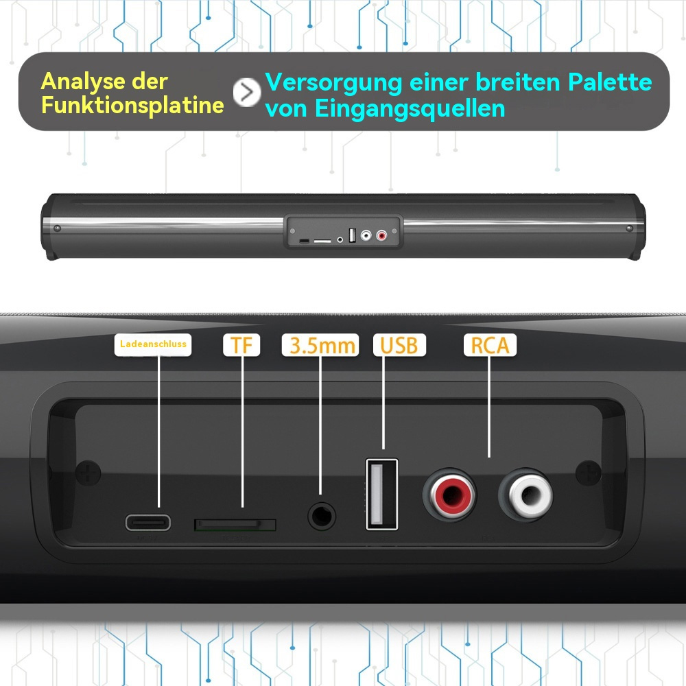 Nahaufnahme der Eingänge eines schwarzen Lautsprechers. Es zeigt den Ladeanschluss, den TF-Kartensteckplatz, 3,5 mm, USB und RCA.