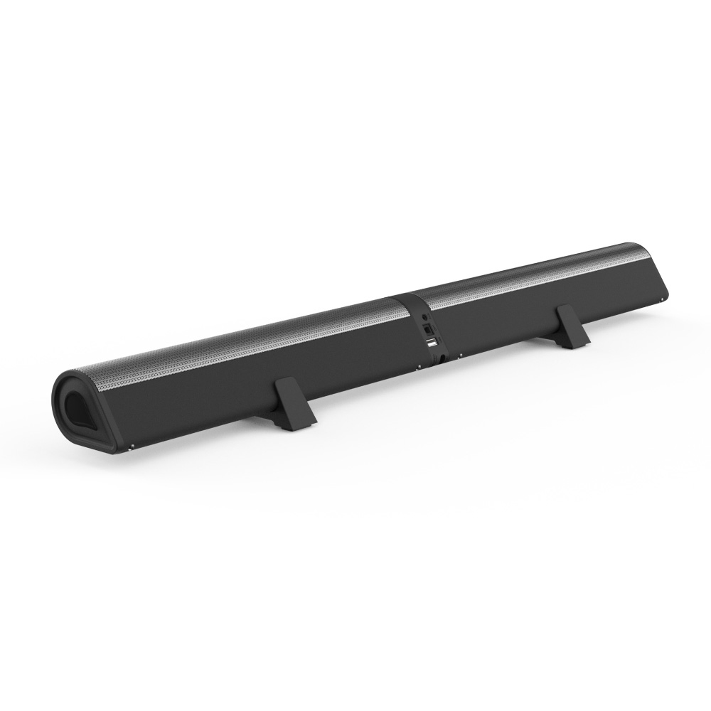Schwarze Soundbar auf zwei Ständern. Die Soundbar ist lang und rechteckig. Hat eine perforierte Oberfläche.