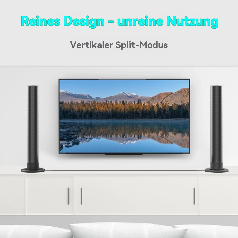 TV mit Lautsprechern auf einem weißen Schrank. Die Lautsprecher sind schwarze Zylinder. Landschaftsszene auf dem TV-Bildschirm.