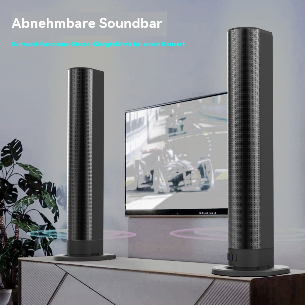 Soundbar mit zwei zylindrischen Lautsprechern. Zeigt TV-Bildschirm im Hintergrund. Lautsprecher sind schwarze Zylinder.