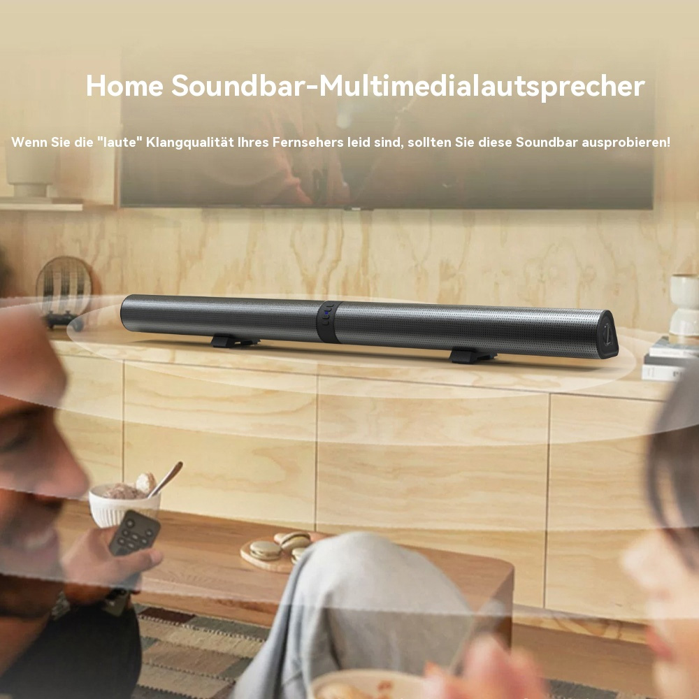 Schwarze Soundbar auf Holzoberfläche, vor einem Fernseher. Text: 'Home Soundbar-Multimedialautsprecher'.