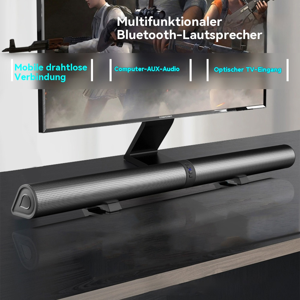 Schwarze Soundbar auf dunkler Oberfläche, mit Monitor und Textüberlagerung.
