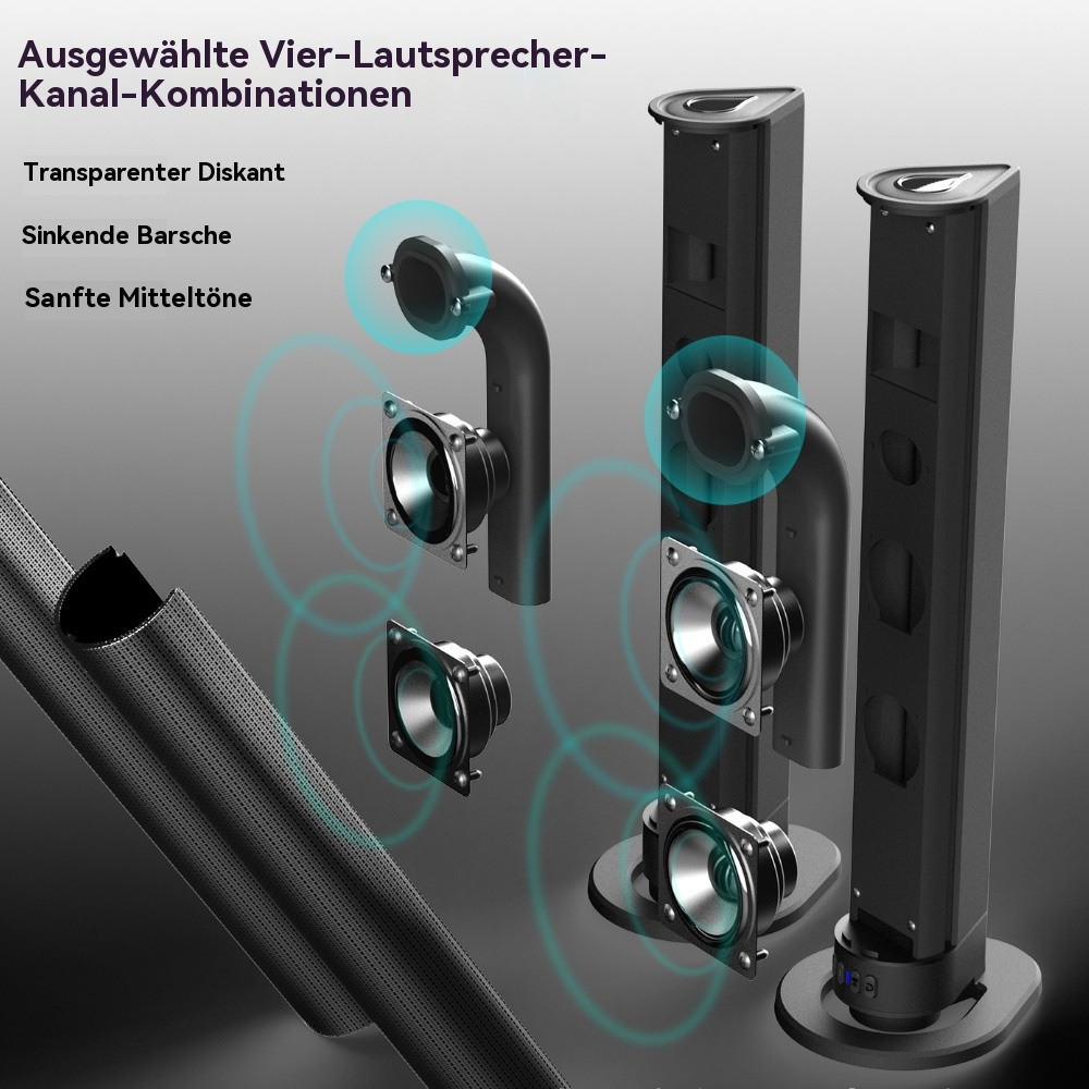Diagramm schwarzer Lautsprecher mit blauen Schallwellenlinien. Verschiedene Lautsprecherelemente werden gezeigt.