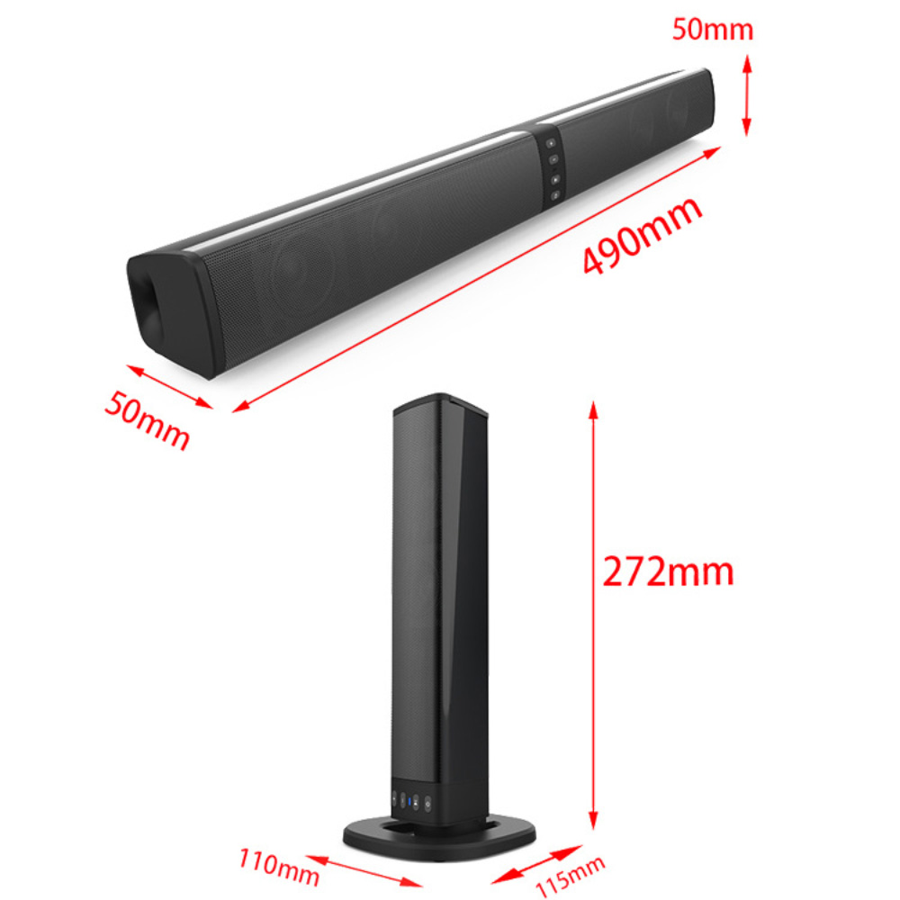 Draufsicht und Seitenansicht einer schwarzen Soundbar mit Abmessungen und einem Lautsprecherturm.
