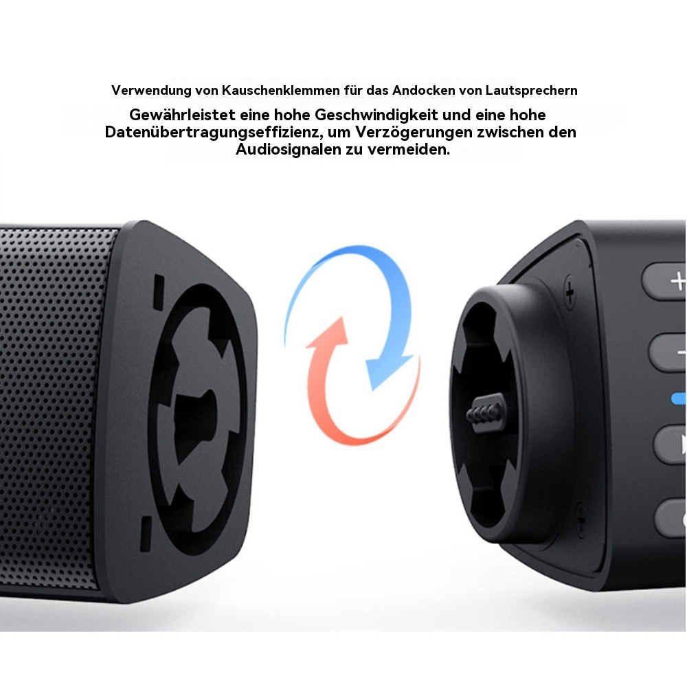 Nahaufnahme der Soundbar-Andockanschlüsse mit Pfeilen, die die Verbindungsrichtung anzeigen.