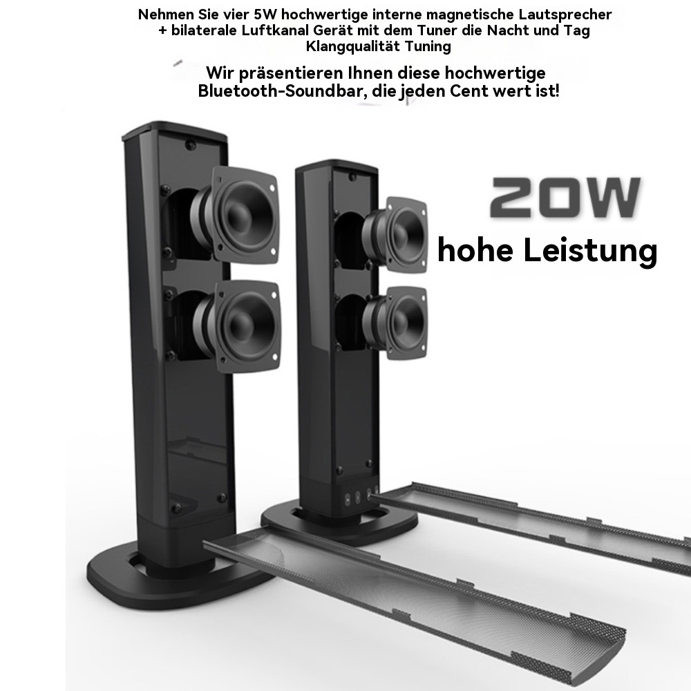 Schwarze Lautsprechertürme mit internen Komponenten und Text über hochwertige Klangqualität.