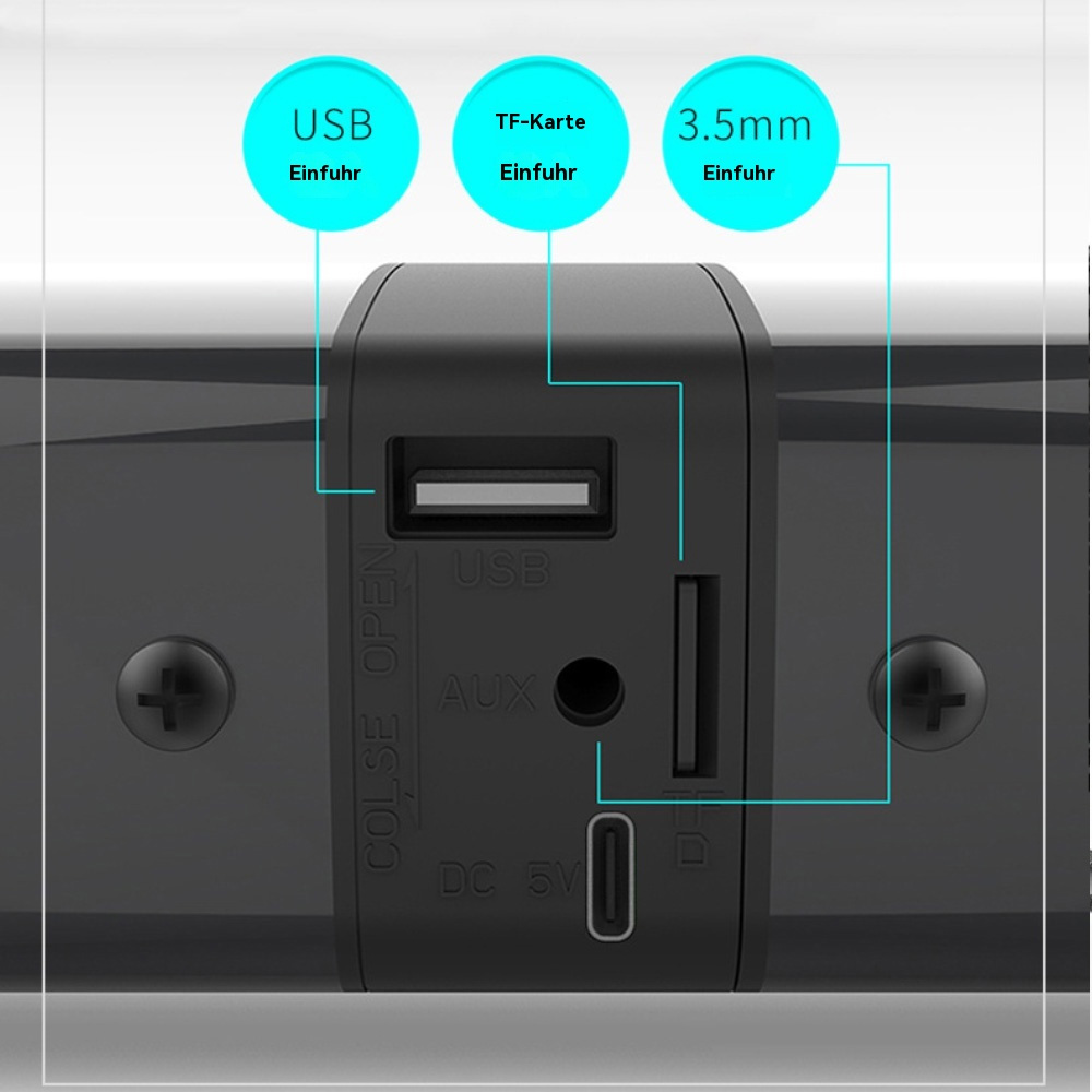 Nahaufnahme eines schwarzen Lautsprechers mit USB-, TF-Karten- und 3,5-mm-Anschlüssen.