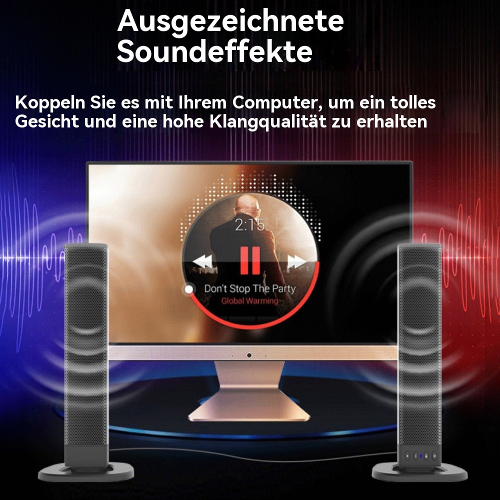 Lautsprecher flankieren einen Bildschirm mit einer Musikplayer-Oberfläche und erzeugen Schallwellen.