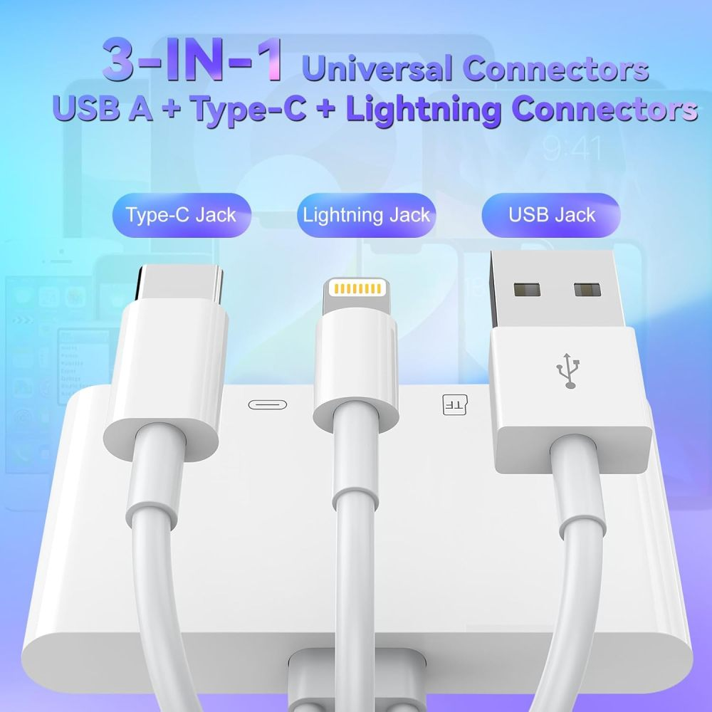 Weißer 3-in-1-Adapter mit USB A, Typ-C und Lightning-Anschlüssen. Kabel im Fokus.