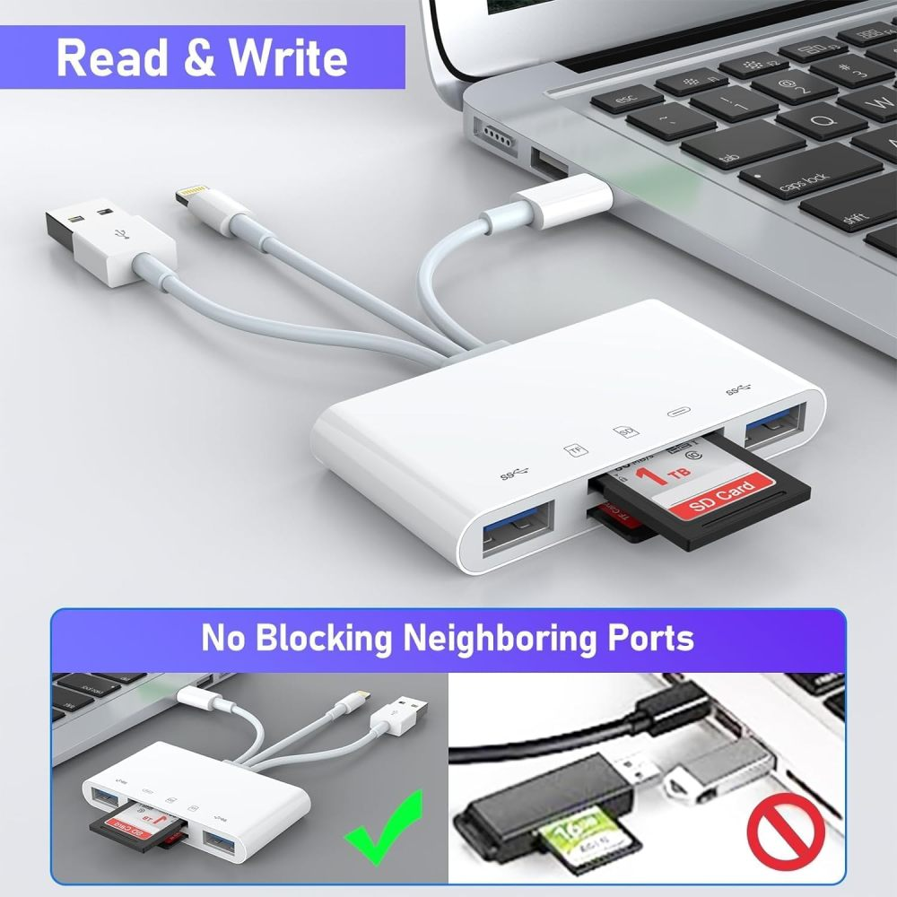 Weißer Kartenleser mit USB-, Typ-C- und Lightning-Anschlüssen, mit einem Laptop.