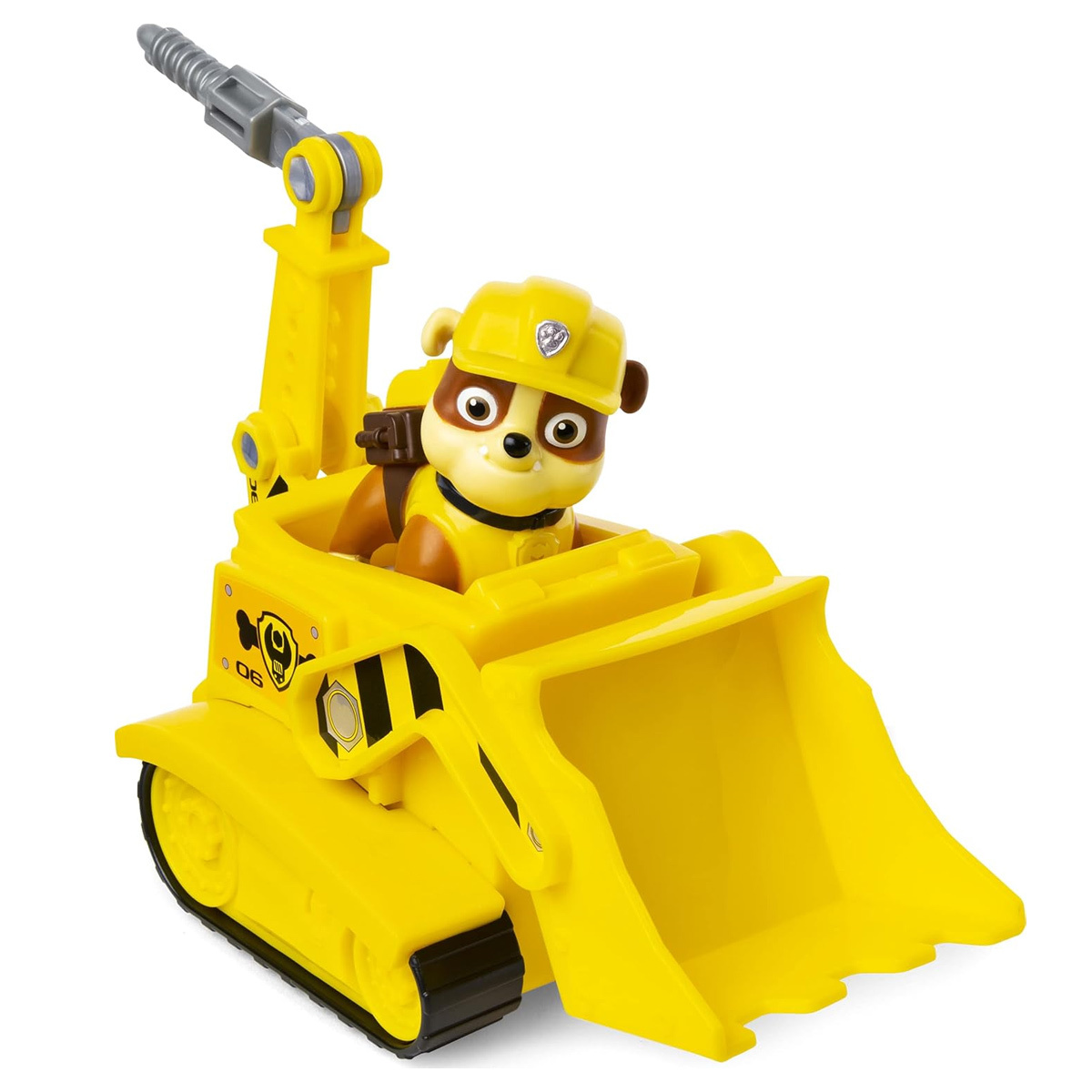 Gelber Spielzeug-Bautruck mit einer Hundefigur auf dem Fahrersitz.