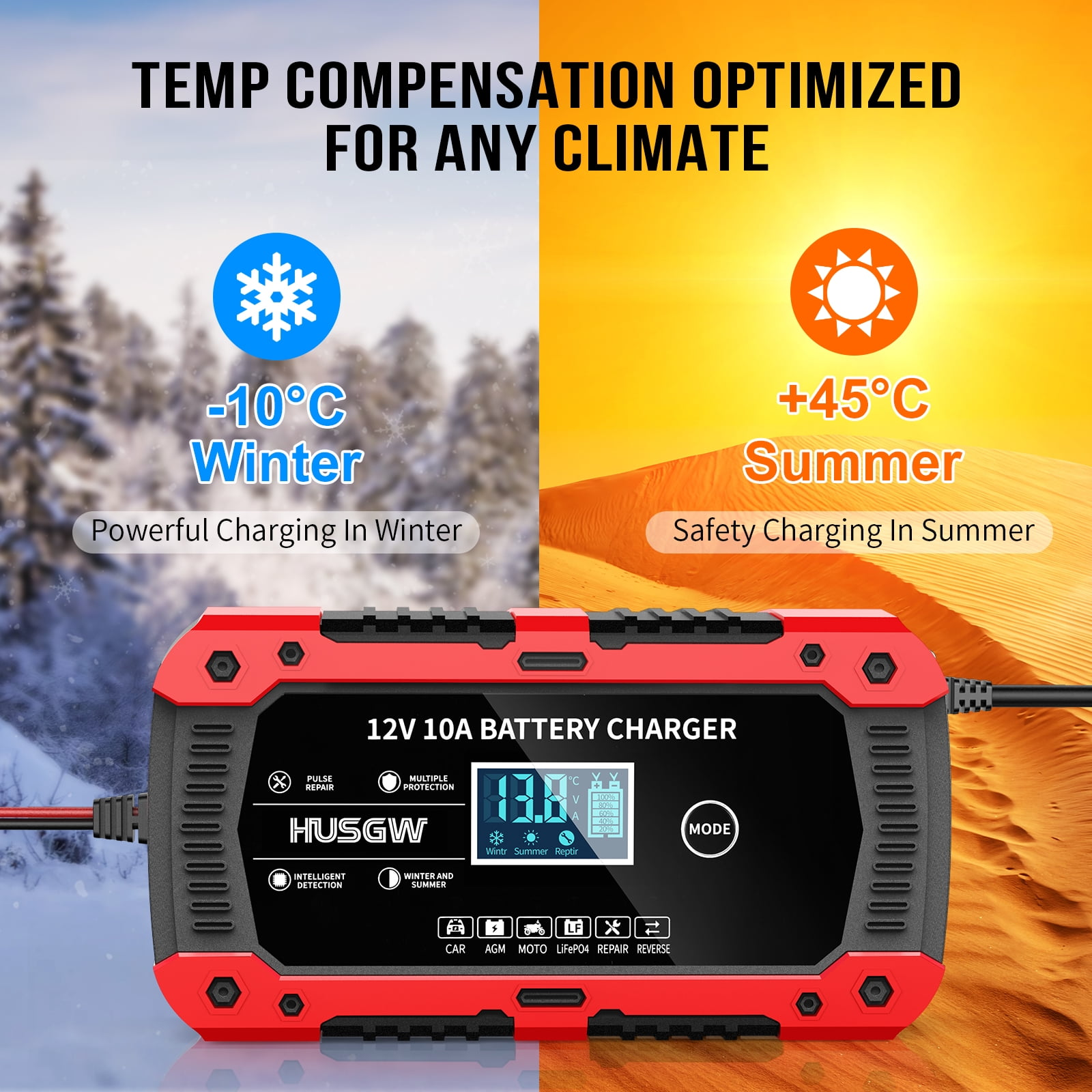Rotes und schwarzes 12V 10A Batterieladegerät mit Winter- und Sommer-Temperaturanzeige.