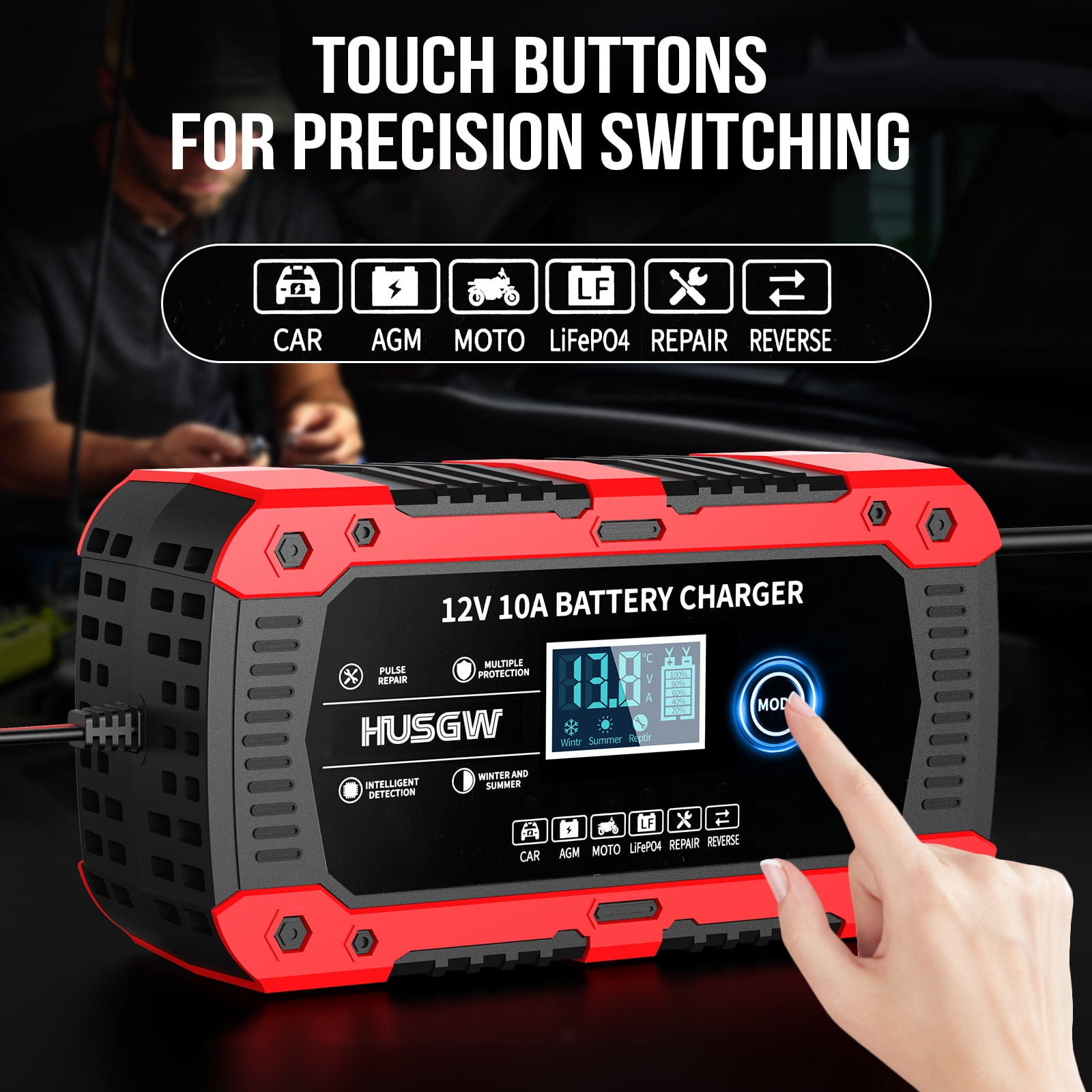 Rotes und schwarzes 12V 10A Batterieladegerät mit Modustaste und Ladeanzeigen.