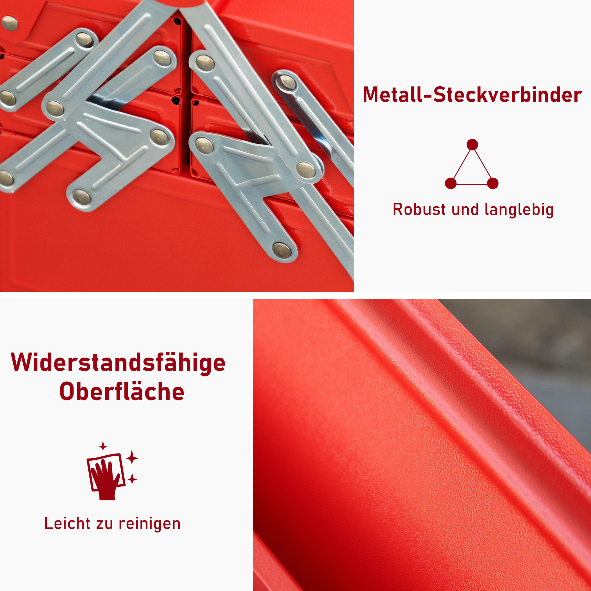 Rote Werkzeugkiste-Teile, die Metallverbinder und eine widerstandsfähige Oberfläche zur Reinigung zeigen.