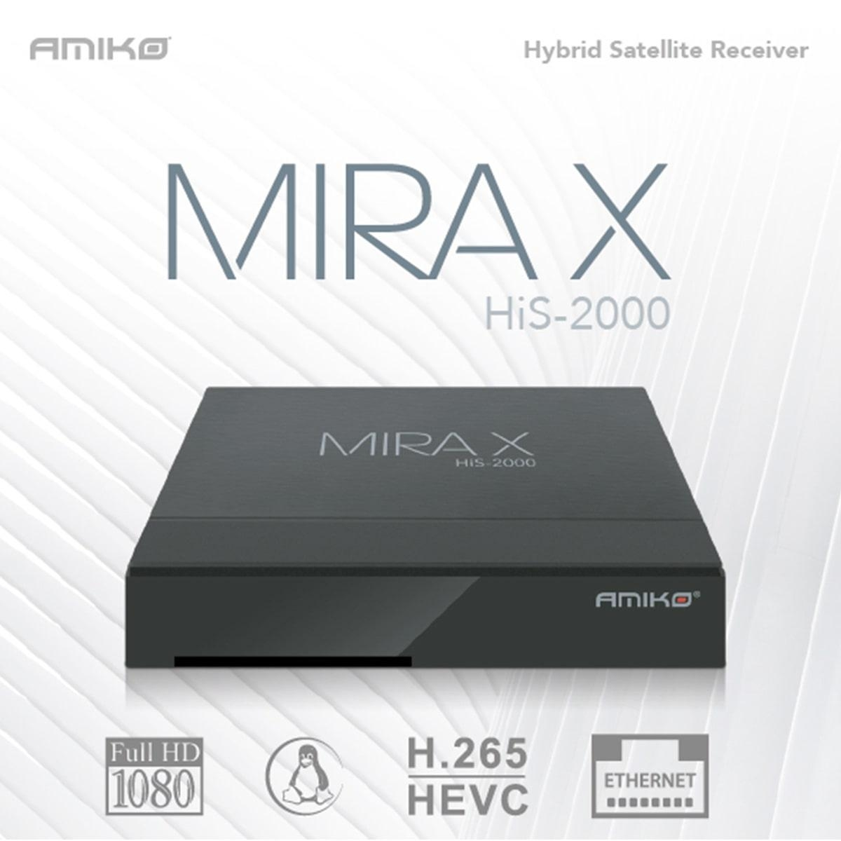 Schwarze Amiko Mira X His-2000 Set-Top-Box mit Beschriftungen und weißem Hintergrund.