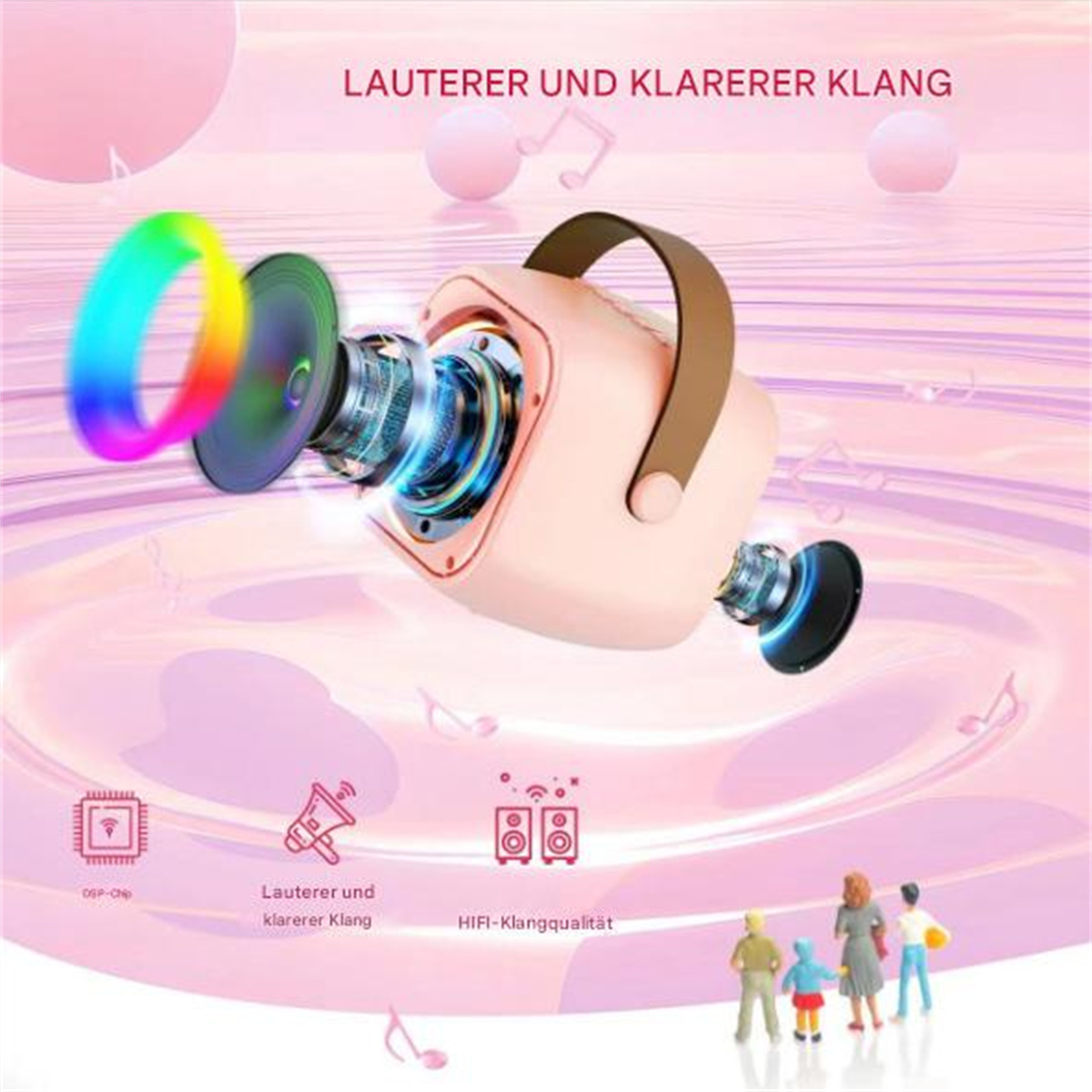 Rosa Lautsprecher mit Regenbogen-Lichtanzeige und Griff, mit kleiner Menschenmenge und Noten.