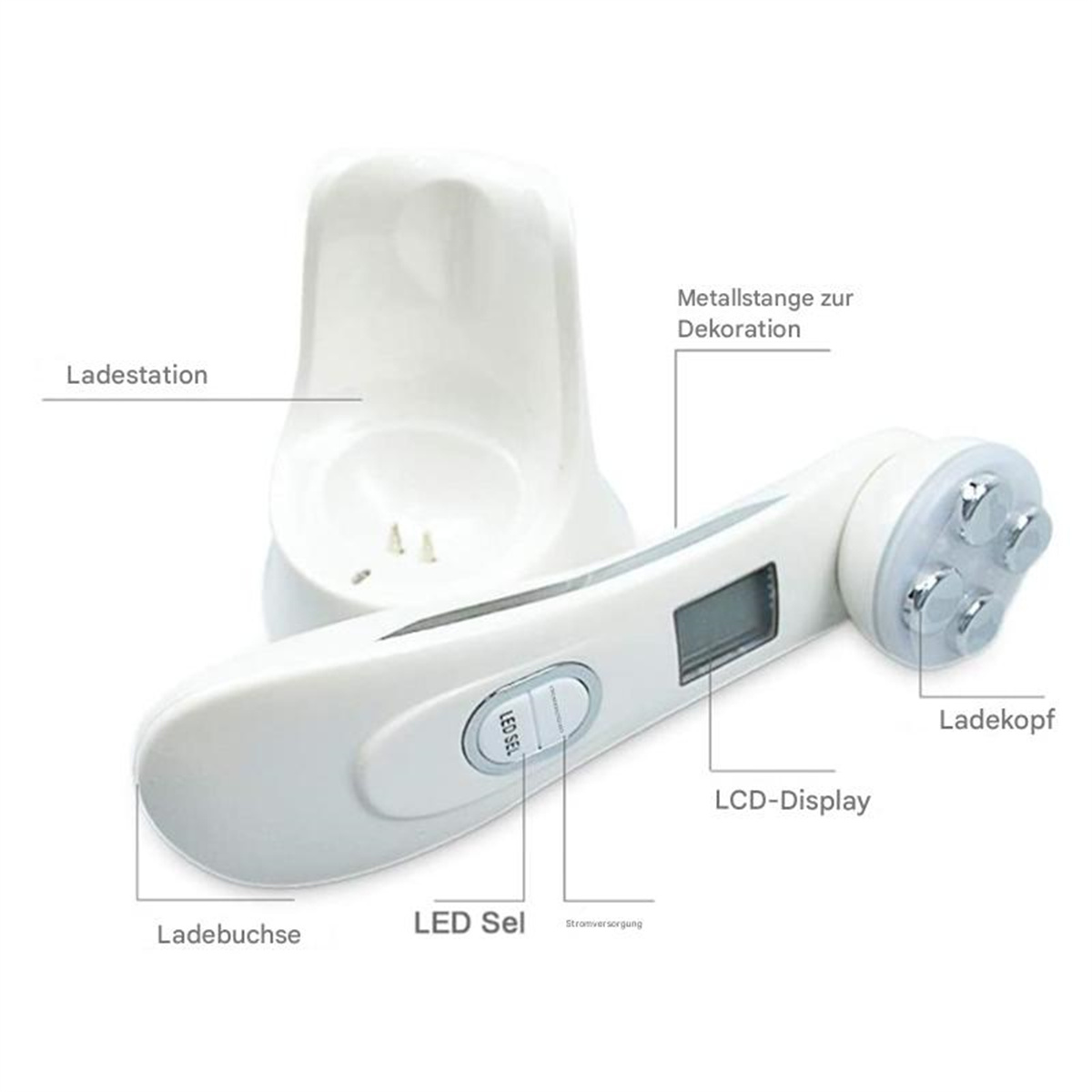 Weißes Schönheitsgerät mit LED-Leuchten, LCD-Display und Ladestation.