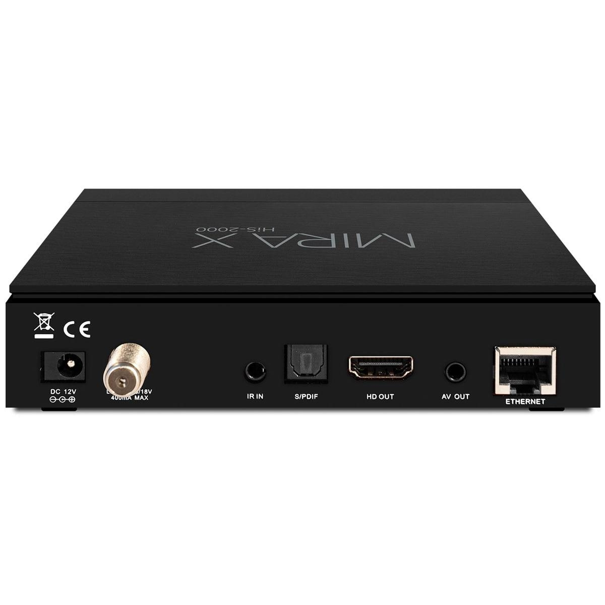 Schwarzes rechteckiges Gerät mit Anschlüssen, gekennzeichnet mit Bezeichnungen wie 'ETHERNET' und 'HD OUT'.