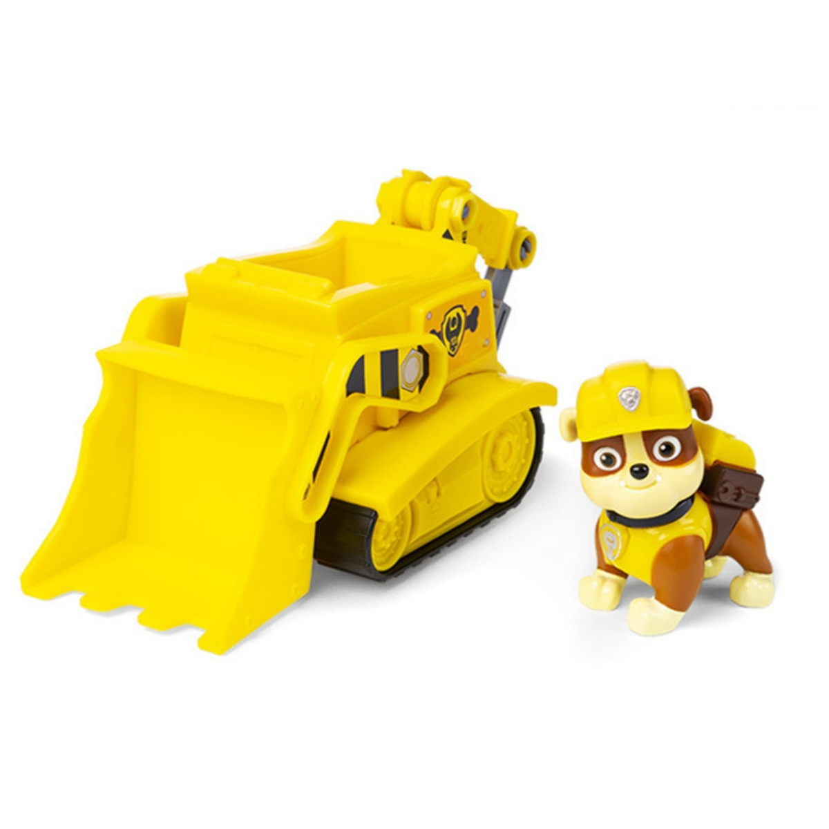 Gelber Bau-Bagger und ein Spielzeughund mit gelbem Helm und Weste.