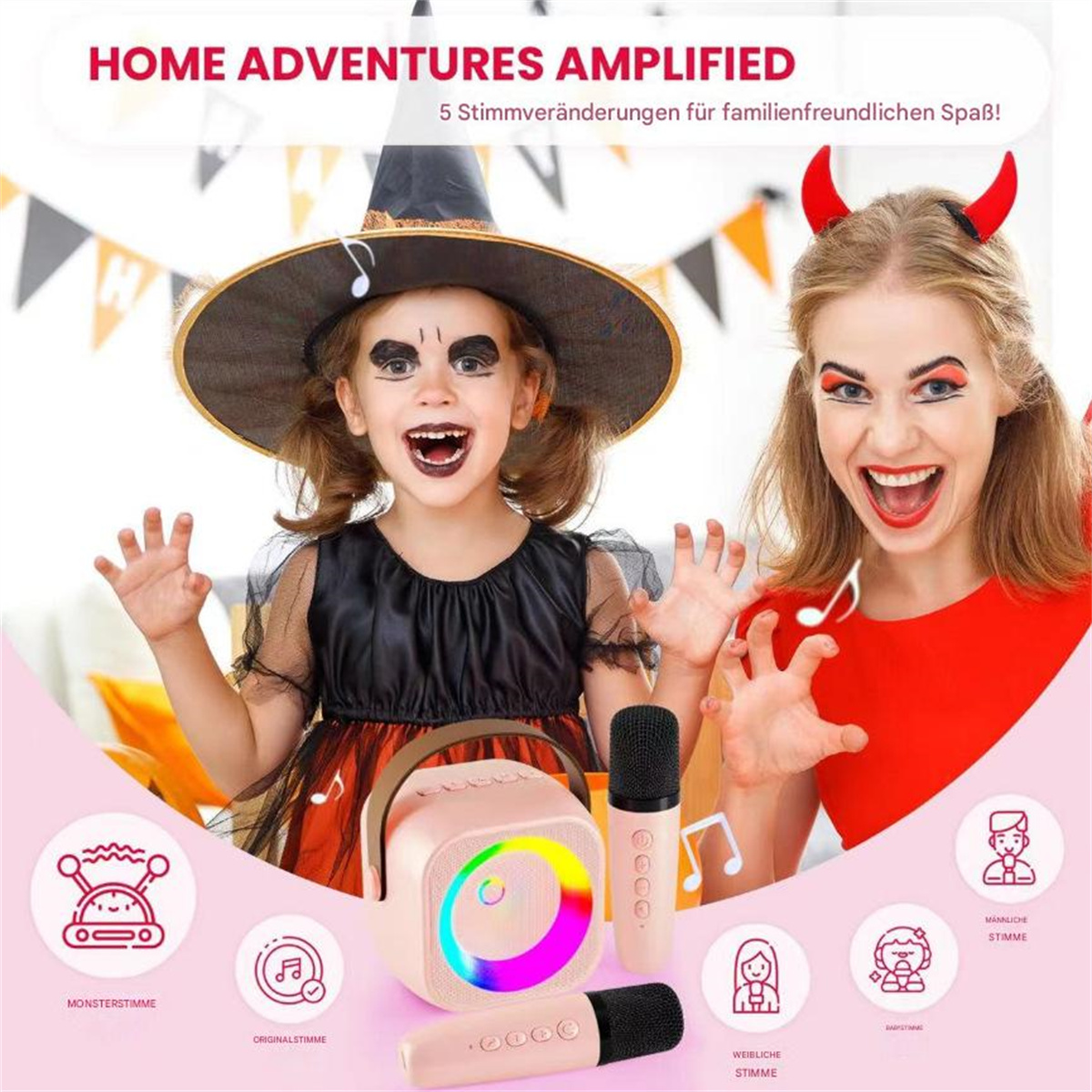 Zwei Kinder mit Karaoke-Lautsprecher und Mikrofonen, in Halloween-Kleidung, mit Symbolen.