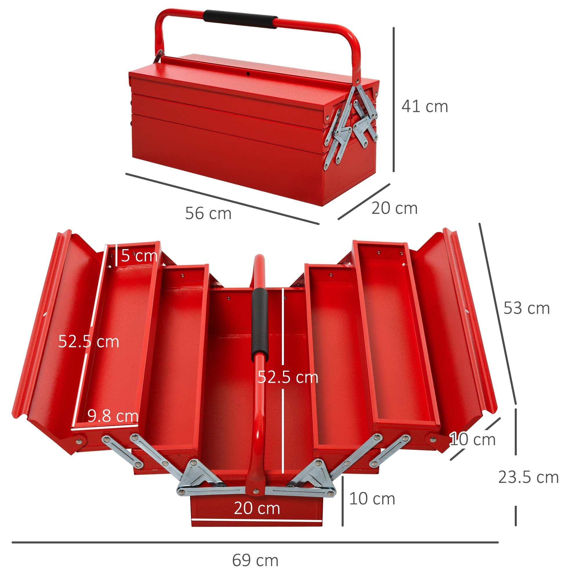 Roter Werkzeugkasten mit Maßen. Geöffnet, um Fächer anzuzeigen. Schwarzer Griff oben.