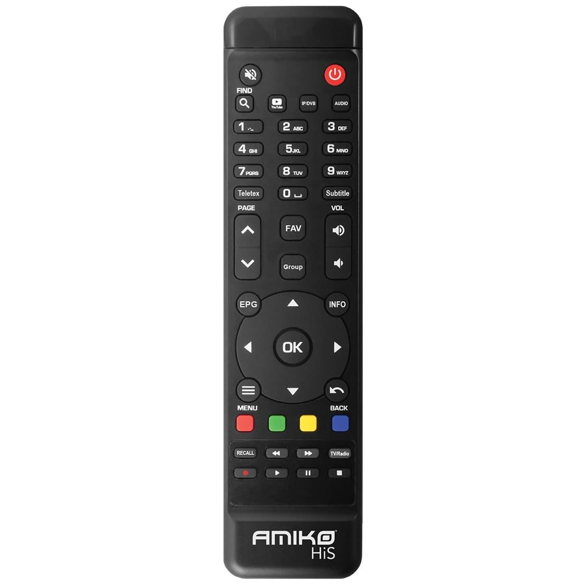 Schwarze TV-Fernbedienung mit vielen Tasten. AMIKO His steht unten auf der Fernbedienung.
