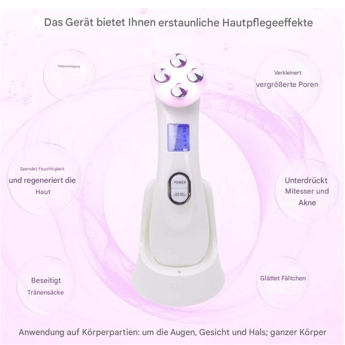 Ein weißes Schönheitsgerät mit Bildschirm und LED-Leuchten. Text darum erklärt seine Funktionen.