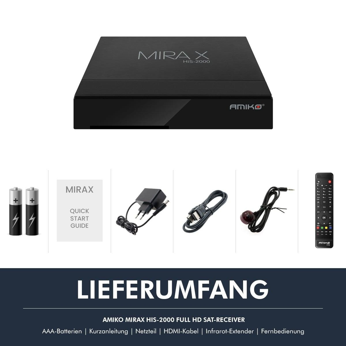 Eine schwarze Box mit Zubehör: Batterien, Adapter, Kabel und Fernbedienung. Text: Lieferumfang.