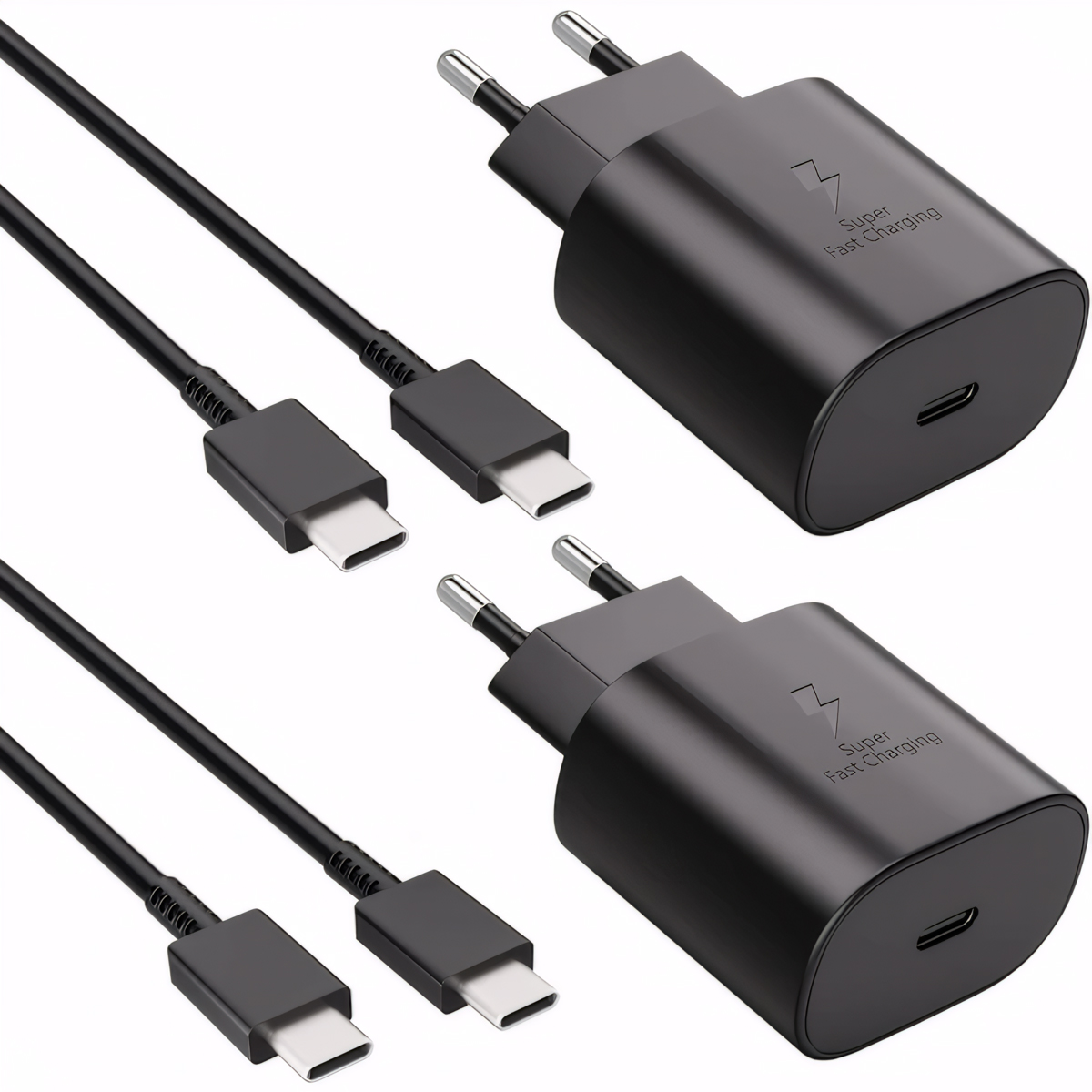 Zwei schwarze Ladegeräte mit USB-C-Kabeln.