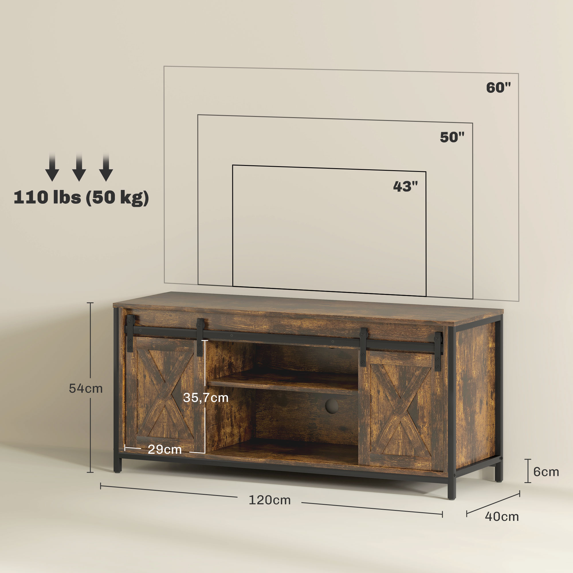 Brauner TV-Ständer mit schwarzen Türen. Angezeigte TV-Größen: 43", 50", 60".