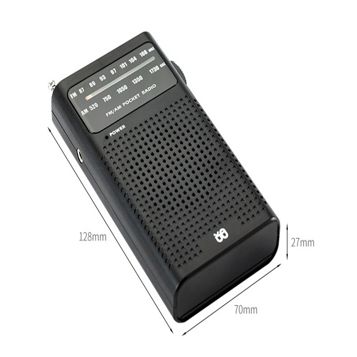 Schwarzes Taschenradio mit den Maßen: 128x70x27mm.