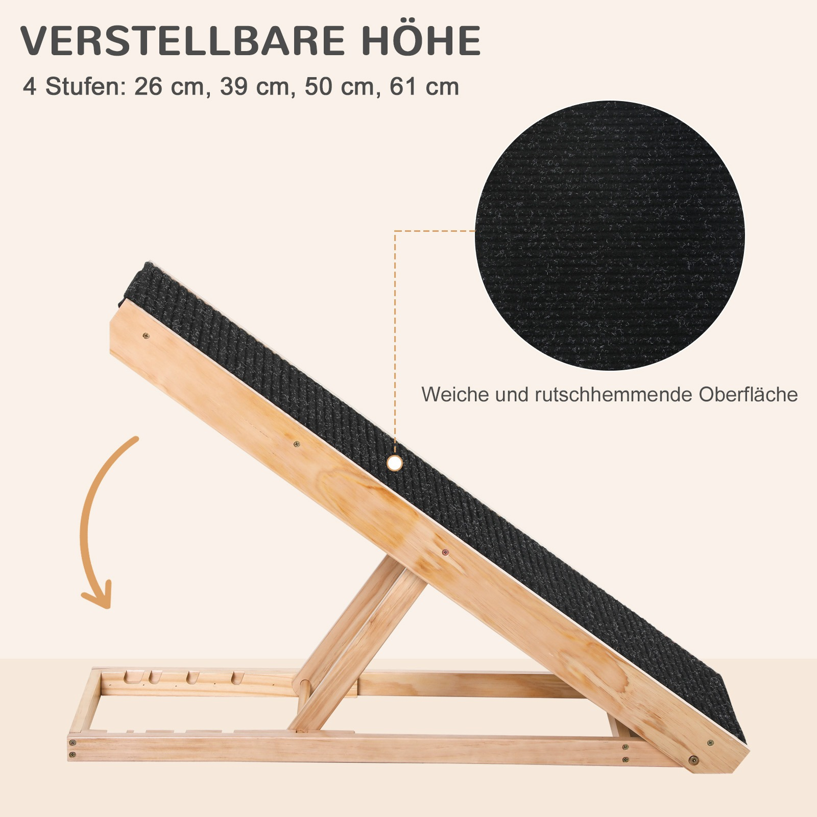 Hunde-Rampe aus Holz mit schwarzer Oberfläche, höhenverstellbar, Nahaufnahme der Oberfläche.