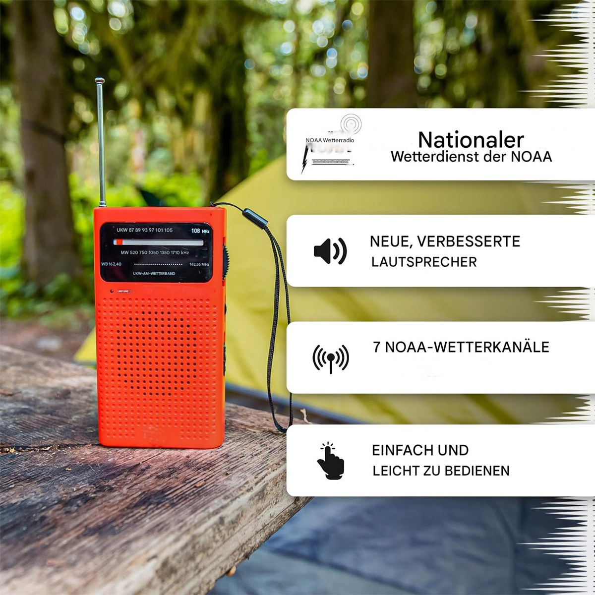 Rotes Radio mit NOAA-Informationen auf einem Holztisch.