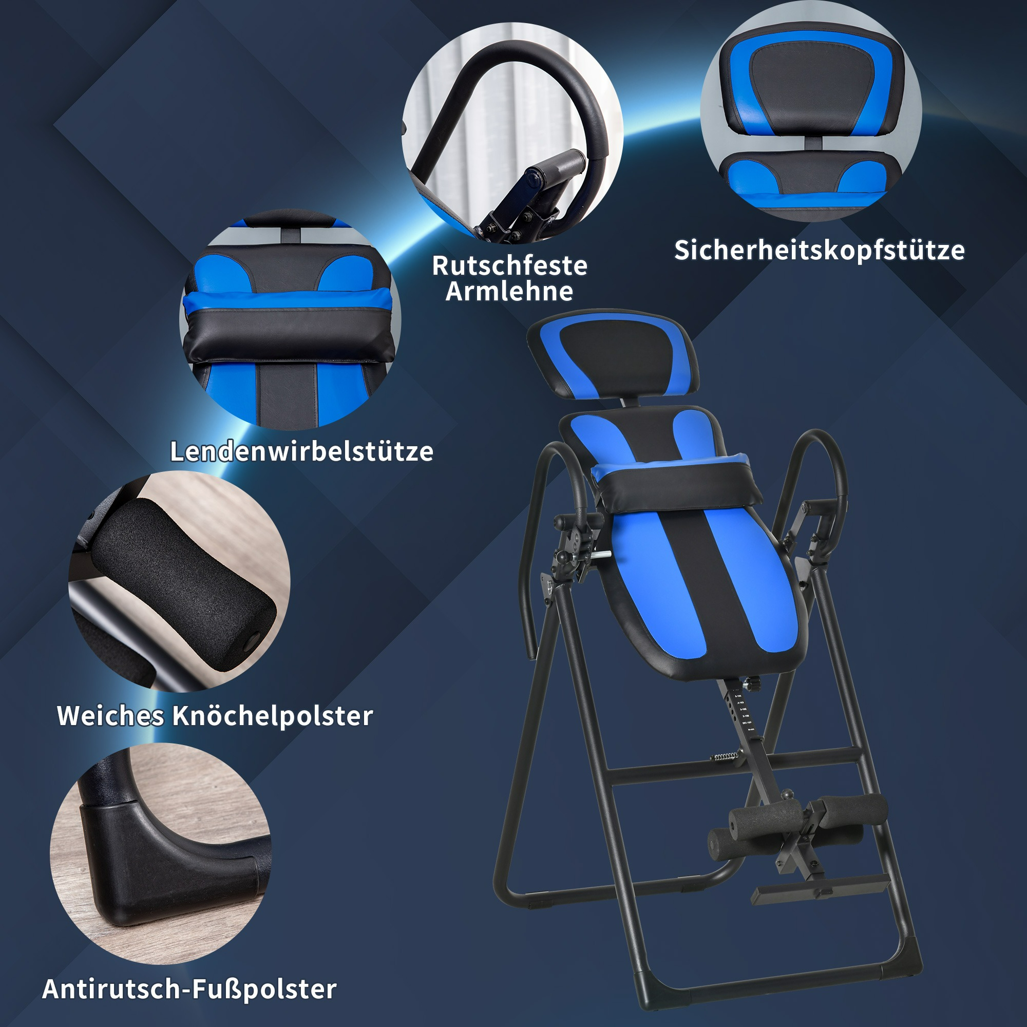 Schwarz-blauer Inversionstisch mit beschrifteten Merkmalen wie Armlehne und Kopfstütze.