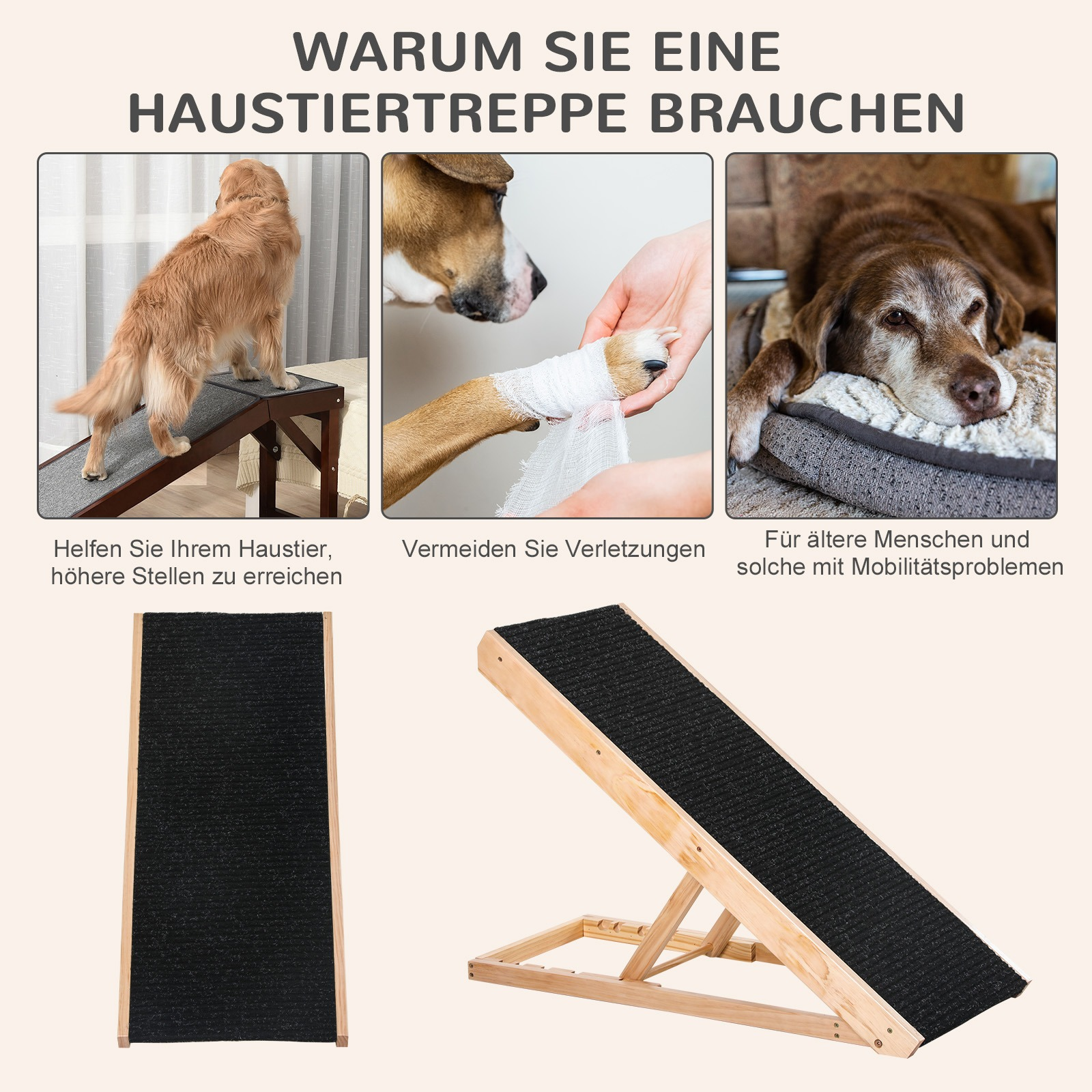 Drei Bilder zeigen Gründe für eine Haustierrampe: Hilfe für Haustiere, Verletzungsprävention und Mobilitätsunterstützung.