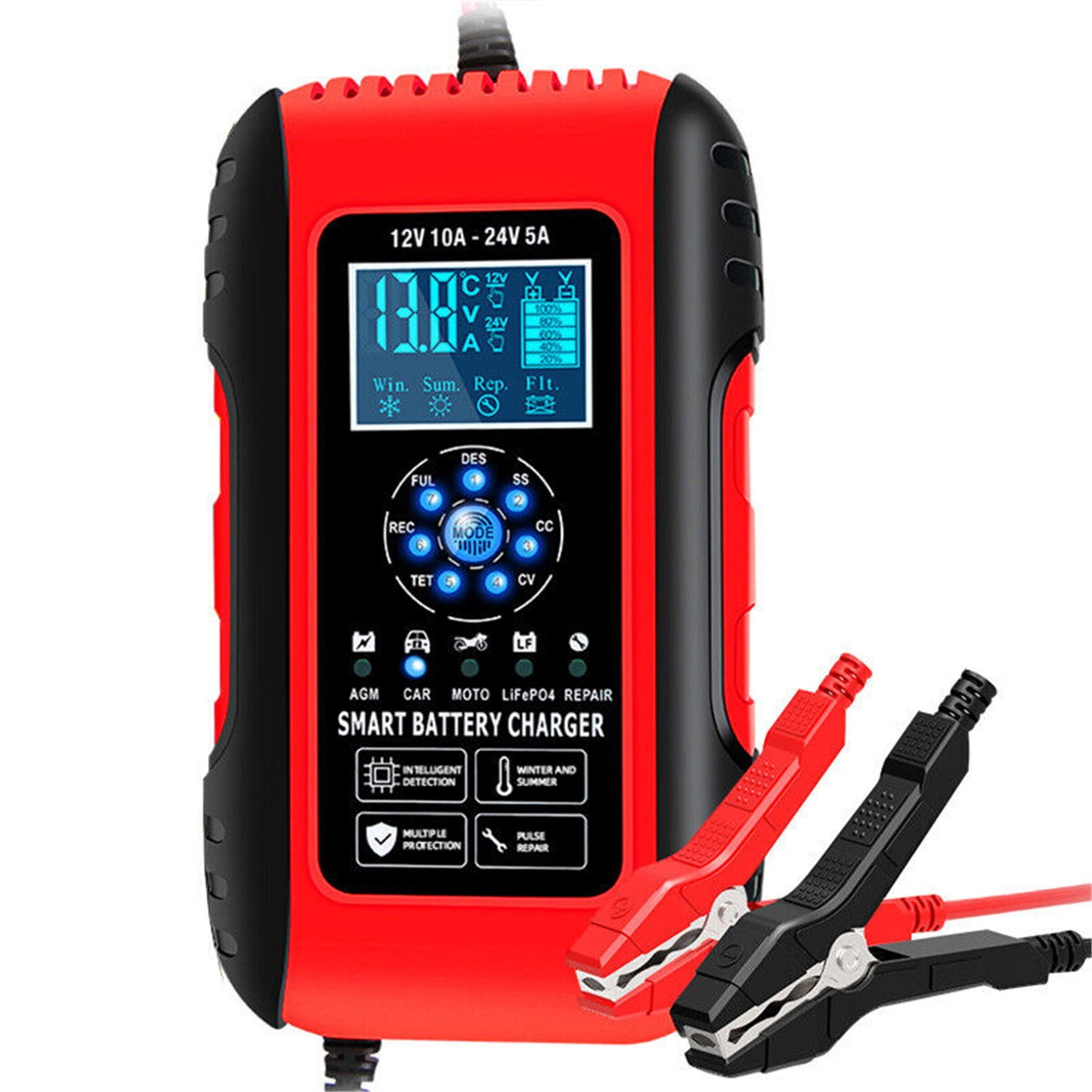 Rotes und schwarzes intelligentes Batterieladegerät mit zwei Klemmen. Es hat ein digitales Display und mehrere Tasten.